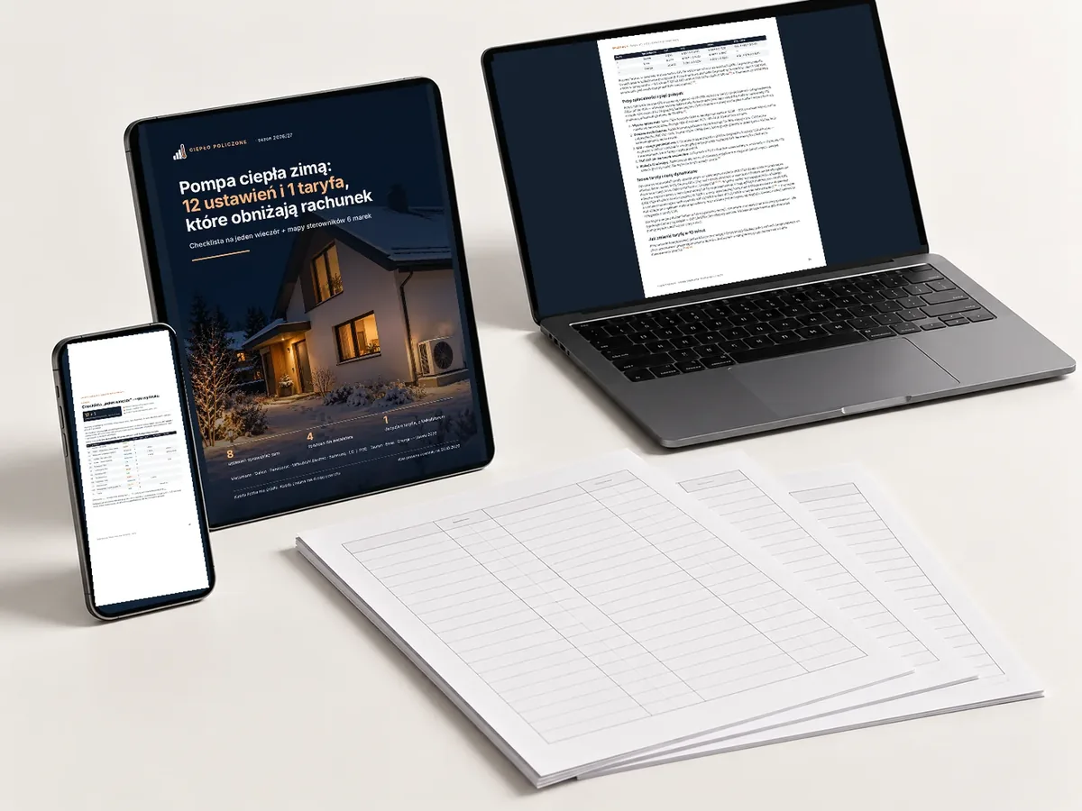 Ebook na tablecie, checklista na telefonie, kalkulator na laptopie i wydruki